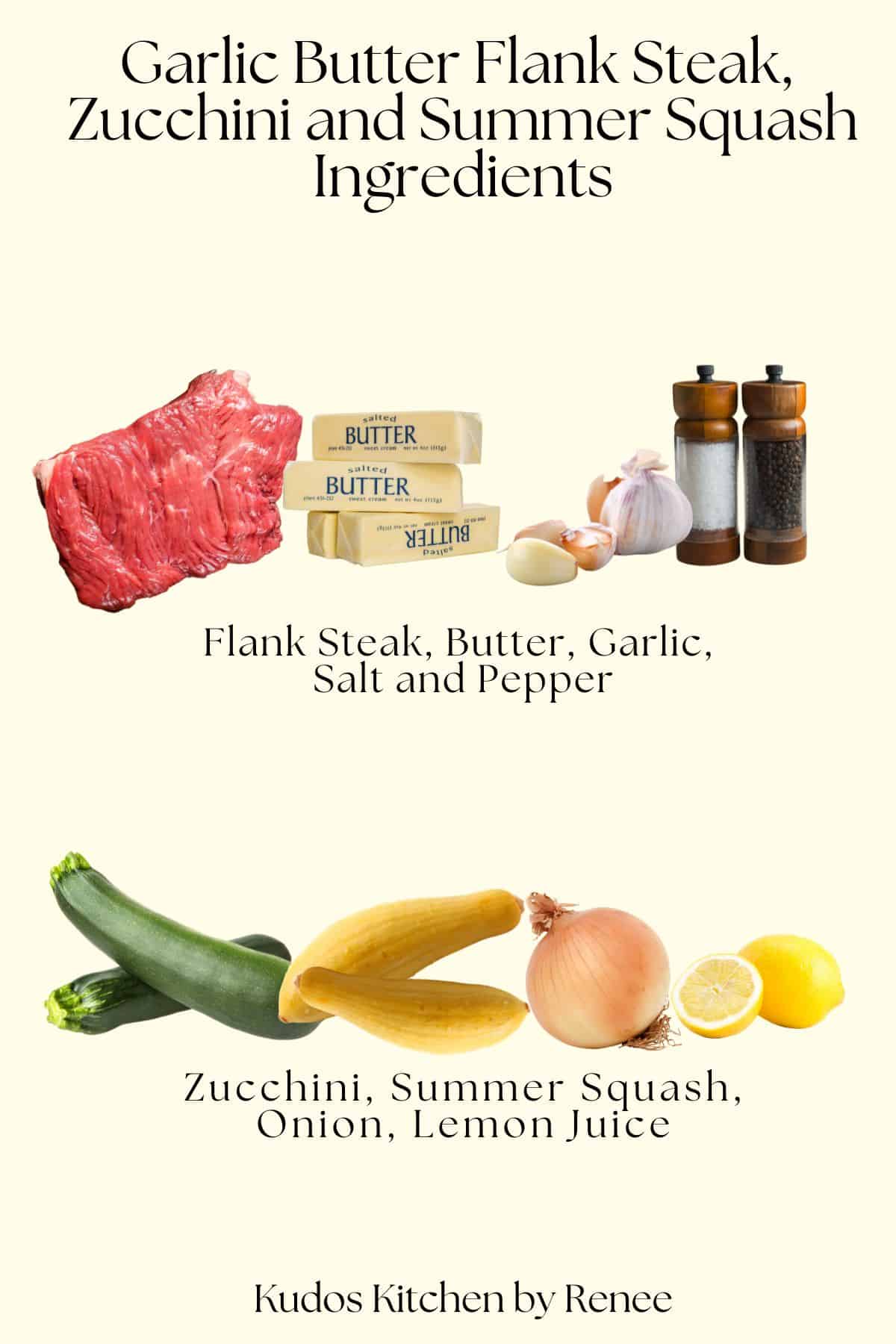 A visual ingredient list for making Garlic Butter Flank Steak.