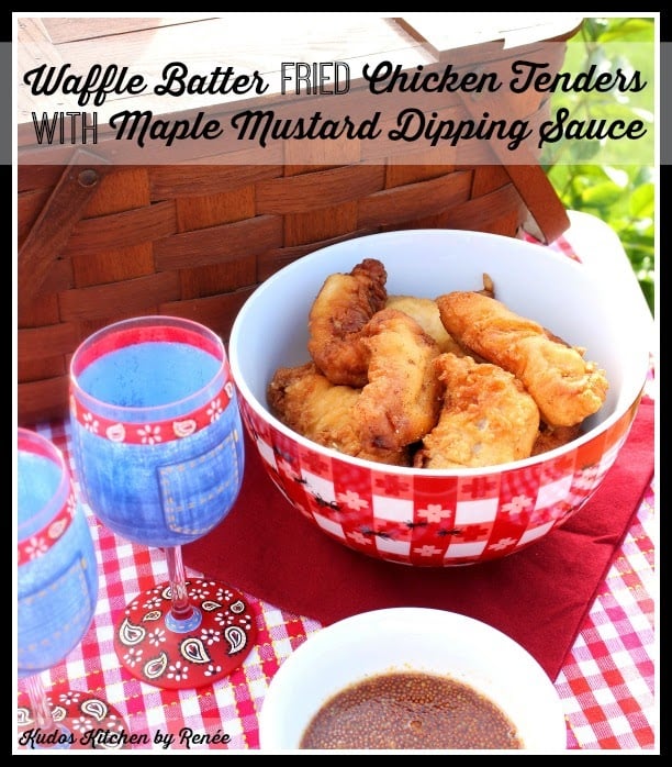 Waffle Batter Fried Chicken with Maple Mustard Dipping Sauce - kudoskitchenbyrenee.com All the flavors you love from a traditional chicken and waffles recipe, but in an easily transportable package. Waffle Batter Fried Chicken Tenders with Maple Mustard Dipping Sauce is perfect for parties or picnics. - kudoskitchenbyrenee.com