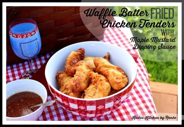 All the flavors you love from a traditional chicken and waffles recipe, but in an easily transportable package. Waffle Batter Fried Chicken Tenders with Maple Mustard Dipping Sauce is perfect for parties or picnics. - kudoskitchenbyrenee.com Waffle Batter Fried Chicken with Maple Mustard Dipping Sauce - kudoskitchenbyrenee.com