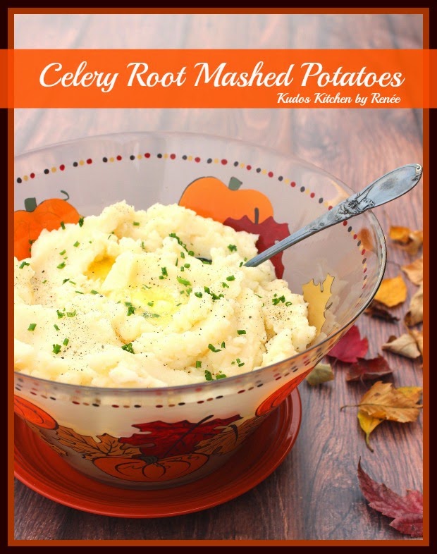 The ultimate comfort food is kicked up a notch or two with these Celery Root Mashed Potatoes. You're going to love them!! - Kudos Kitchen by Renee Celery Root Mashed Potatoes Recipe / www.kudoskitchenbyrenee.com