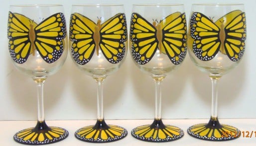 Yellow Monarch Butterfly wine glasses - www.etsy.com/shop/kudoskitchenpaints yellow monarch butterfly wine glasses