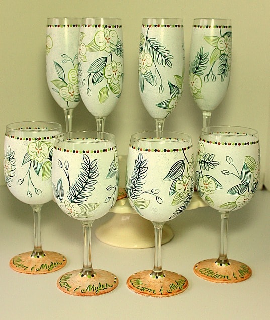 Custom Painted Wedding Invitation wine and champagne glasses. - Kudos Kitchen Paints