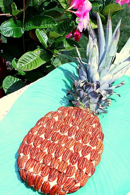This Super Cute Luau Pineapple Cheese Ball will be the hit of your next party. It's really easy to make, and is crazy delicious too. - Kudos Kitchen by Renee Pineapple Cheese Ball