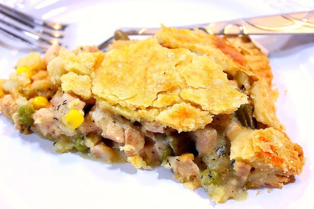 Homestyle Pork Pot Pie goes together quickly with the use of store-bought pie dough and leftover pork. Comfort food for all! - kudoskitchenbyrenee.com Homestyle Pork Pot Pie - kudoskitchenbyrenee.com