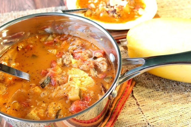 If you make turkey stock after the big Thanksgiving dinner, this Fall Festival Spaghetti Squash Soup is the perfect soup to make taking advantage of all that fresh flavor. Fear not if you don't, store-bought chicken broth works equally well. - kudoskitchenbyrenee.com Spaghetti Squash Soup with Italian sausage, tomatoes, and zucchini. - kudoskitchenbyrenee.com