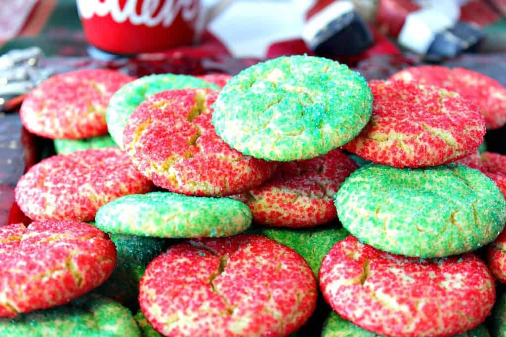 A pile of red and green Santa's Favorite Sugar Cookies