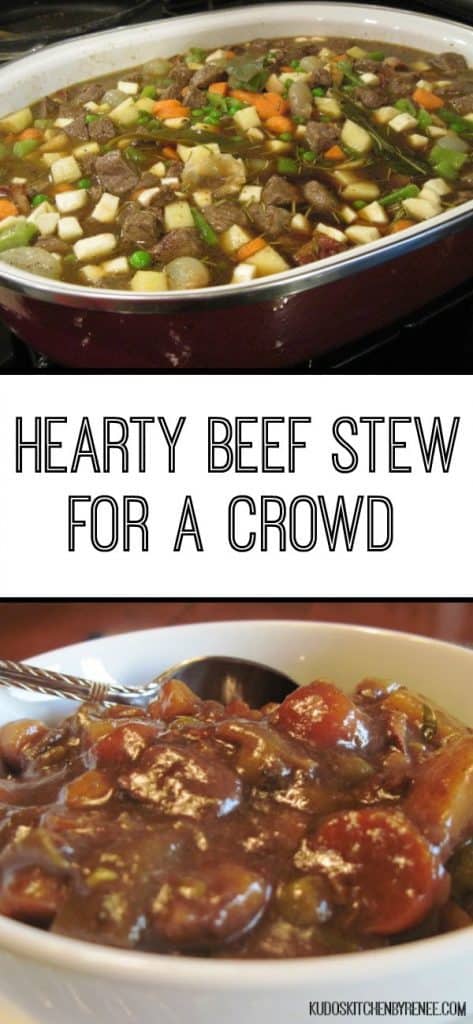 A vertical collage image of beef stew for a crowd with a title text overlay graphic