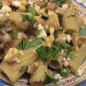 An overhead closeup photo of a serving of Greek Pasta with Lamb and chopped mint along with feta cheese and walnuts.
