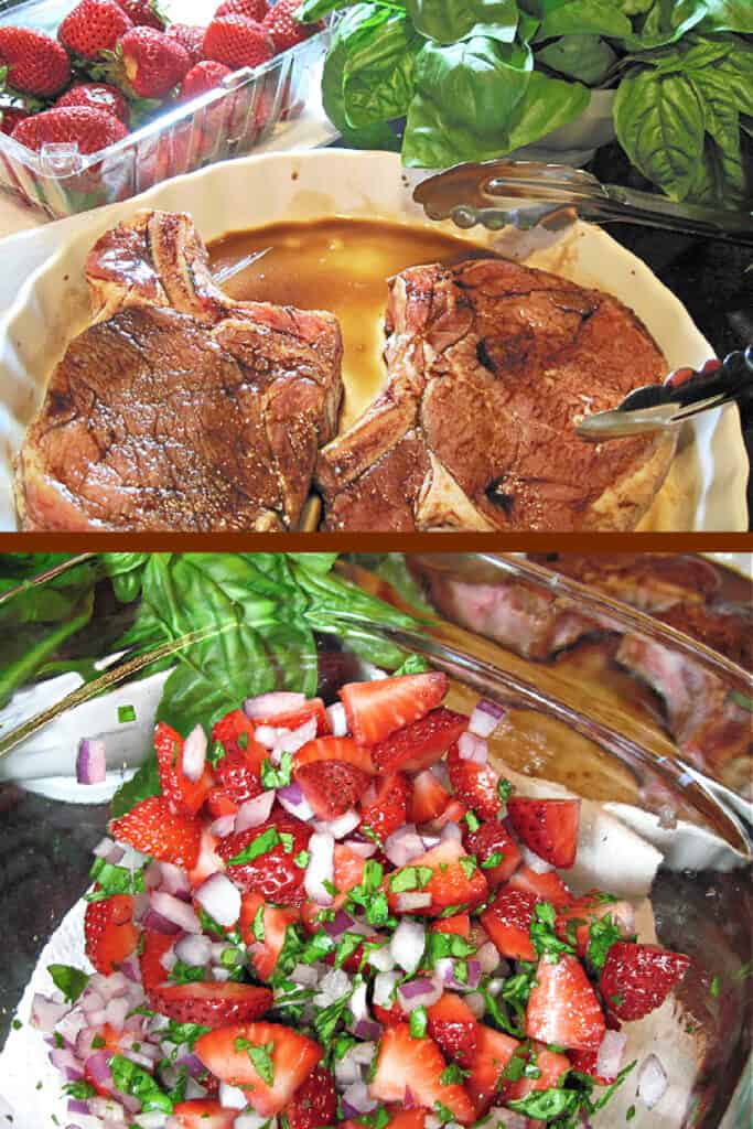 A vertical collage image of how to make Pork Chops with Strawberry Relish.