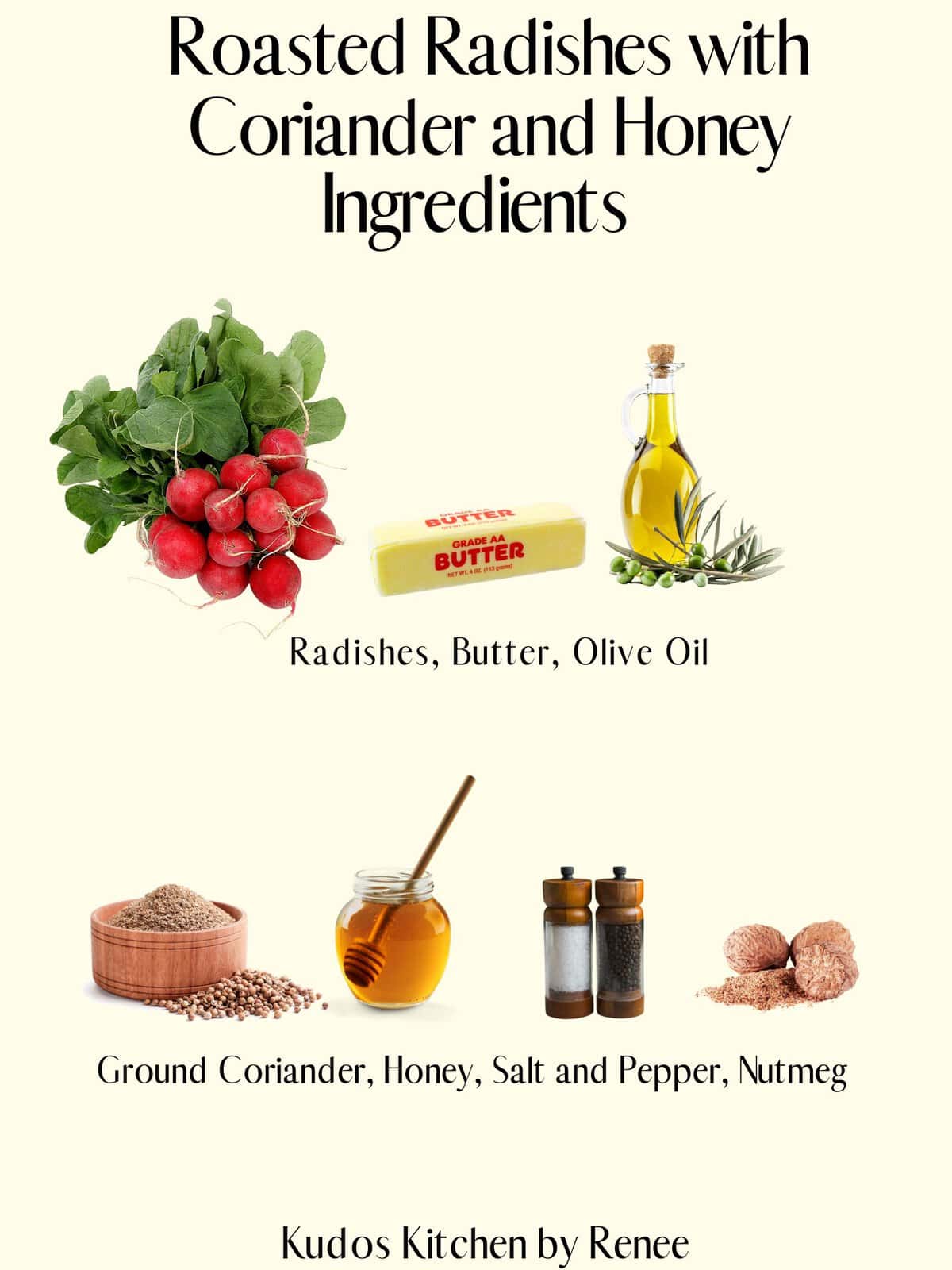 The visual ingredient list for making Roasted Radishes with Coriander and Honey.