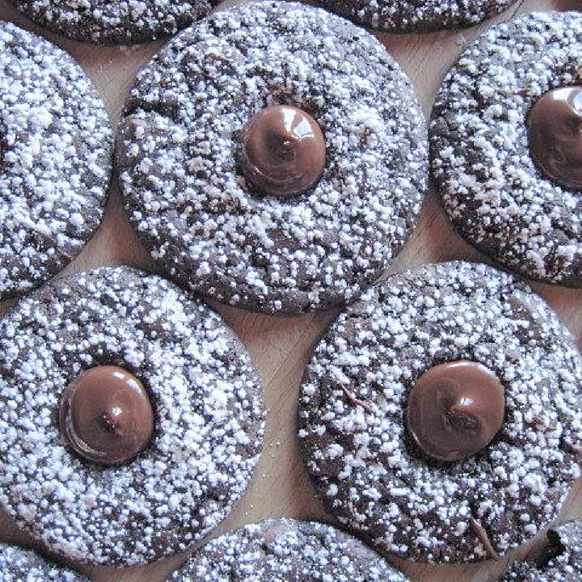 An overhead closeup of Chocolate Mint Mousse Cookies with a dollop of chocolate in the middle.