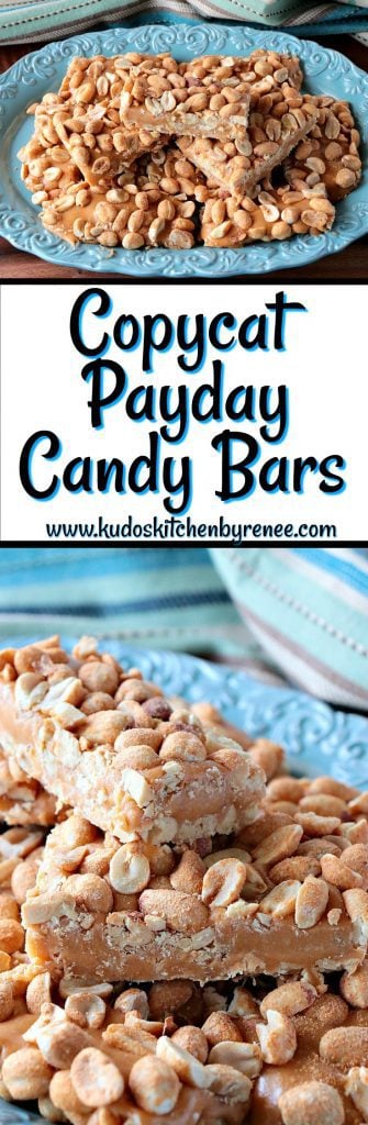 Vertical collage images of copycat payday candy bars on a blue scalloped plate.