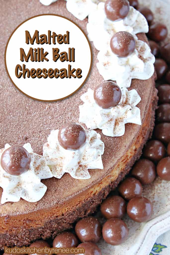 A Pinterest pin with a title text for a chocolate malted cheesecake.