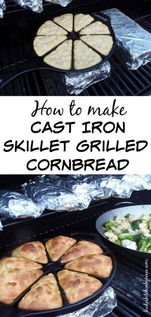 Vertical title text photo collage of cast iron cornbread cooking on a grill