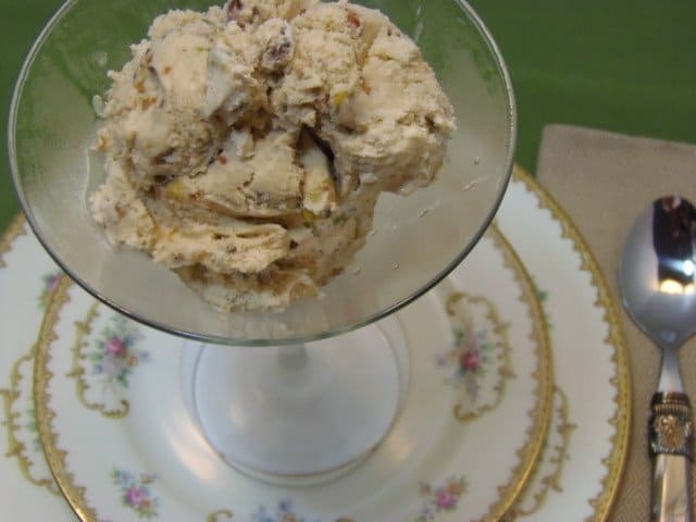 Maple Pistachio Ice Cream in a frosted martini glass. 