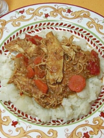 A colorful dinner plate filled with a serving of Coconut Chicken Curry with carrots.