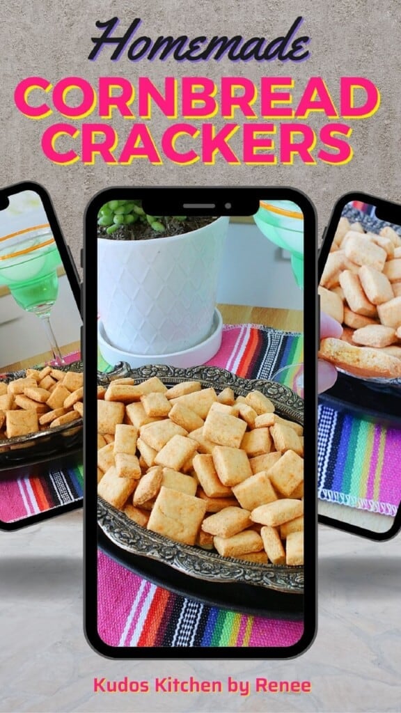 A Pinterest pin image for Homemade Cornbread Crackers using 3 faux cell phone images.