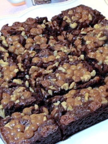 A square serving tray of Palmer House Brownies with walnuts and caramel chips on top.
