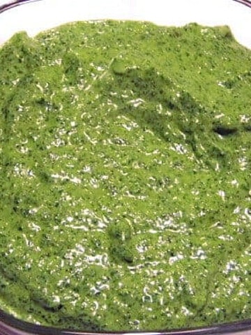 A closeup of a glass bowl filled with Cilantro Pesto.