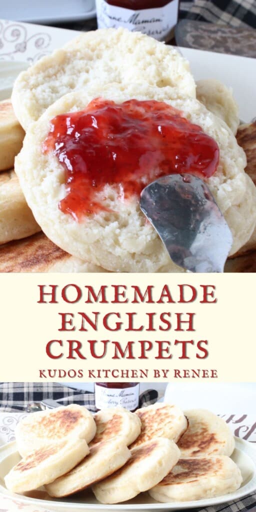 A two image collage for Homemade English Crumpets along with a title text.