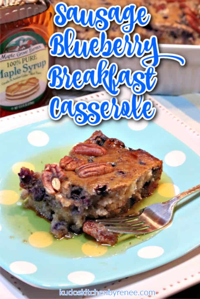 Vertical image of a sausage blueberry breakfast casserole square with a title text overlay graphic in blue and white