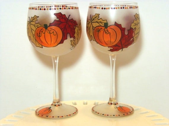 Caramel Apple Cupcakes Autumn Leaves And Pumpkins Painted Wine Glass