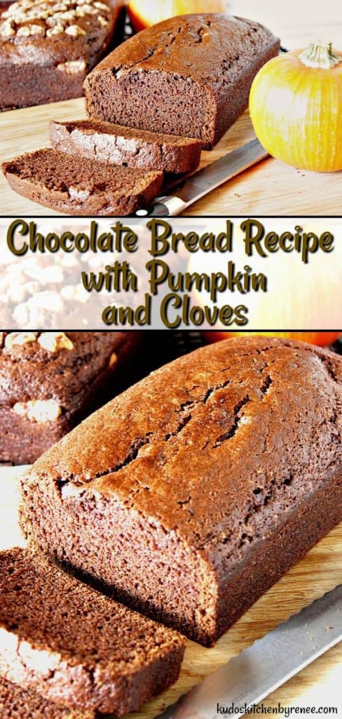 Chocolate Bread Recipe with Pumpkin & Cloves is a rich, dark chocolate bread with a mild spicy aroma of cloves and the seasonal flavor of pumpkin. This easy chocolate bread recipe is sure to be a hit no matter what time of year you serve it! - kudoskitchenbyrenee.com