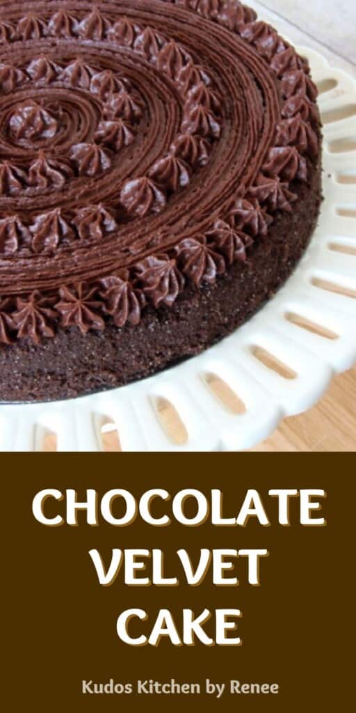 A Pinterest image for Chocolate Velvet Cake with a title text.