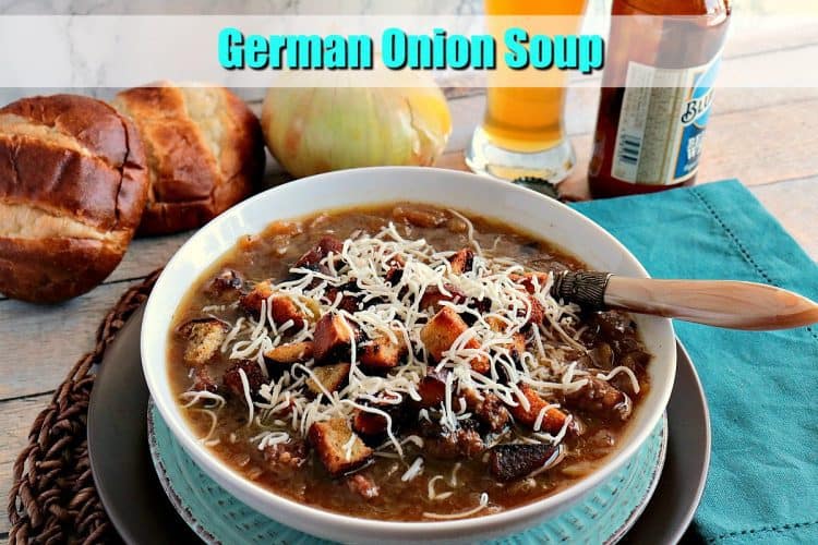 german onion soup with beer, bratwurst & pretzel roll croutons