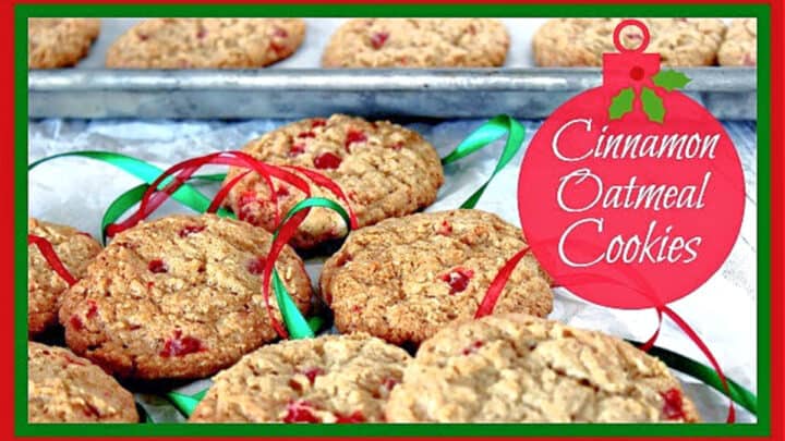 A horizontal photo of a bunch of Cinnamon Oatmeal Cookies along with red and green ribbon.