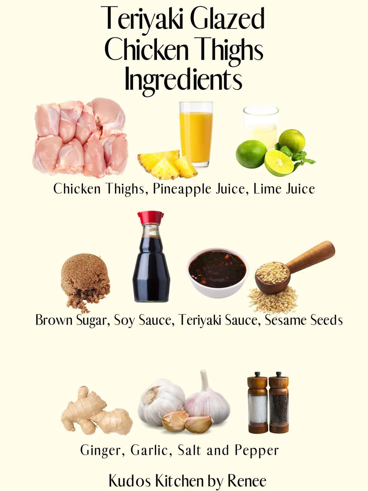 A visual ingredient list for making Teriyaki Glazed Chicken Thighs.