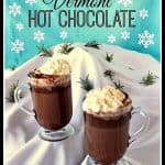 Two cups of hot chocolate on a snow covered mountain.