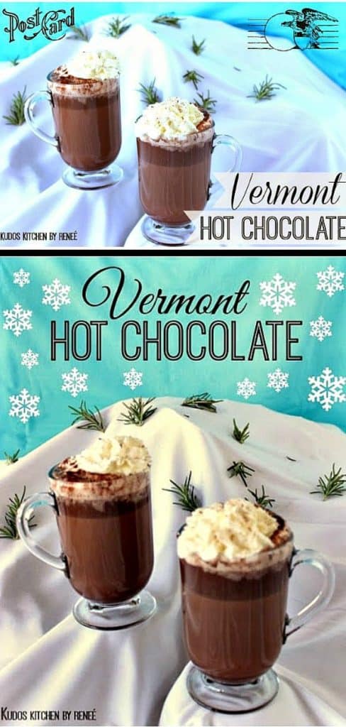 Vertical image of Vermont hot chocolate on a snow covered mountain with a title text overlay graphic.