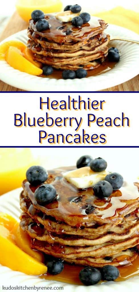 This recipe for Blueberry Peach Pancakes is one I found (and adapted) from a Cooking Light cookbook called "Lighten Up America."  We loved this recipe, and you will too, but you don't have to tell your family they're healthy. That can be our little secret! - kudoskitchenbyrenee.com