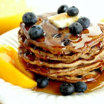 This recipe for Blueberry Peach Pancakes is one I found (and adapted) from a Cooking Light cookbook called "Lighten Up America."  We loved this recipe, and you will too, but you don't have to tell your family they're healthy. That can be our little secret! - kudoskitchenbyrenee.com