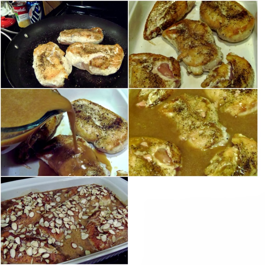 A photo collage of how to make Chicken Beer Bake with almonds.