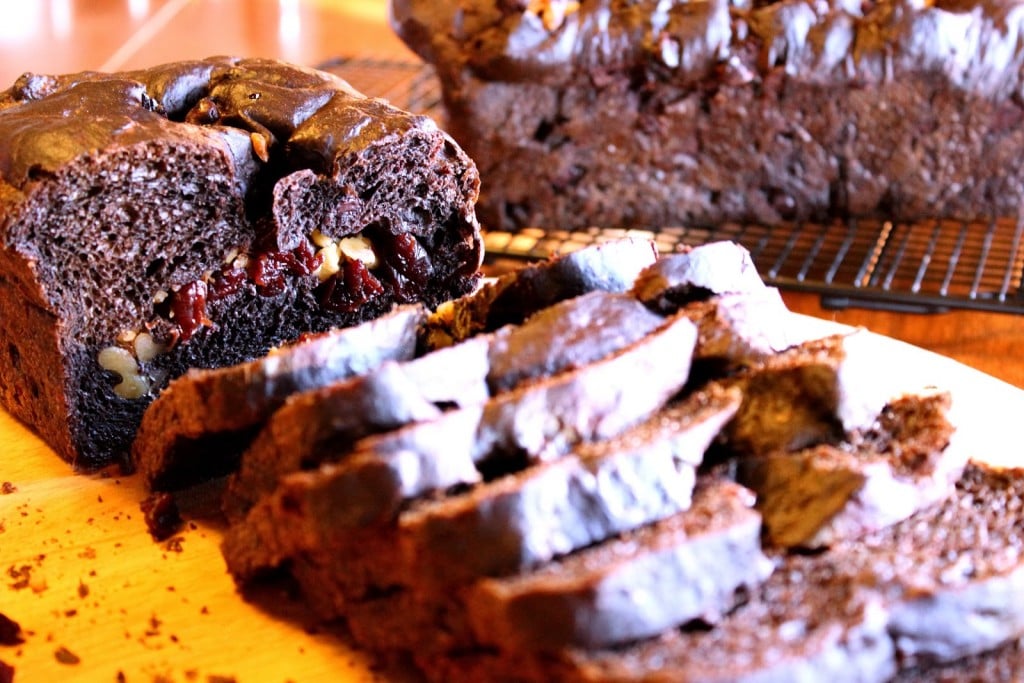 Sliced Chocolate cherry yeast bread on a wire rack