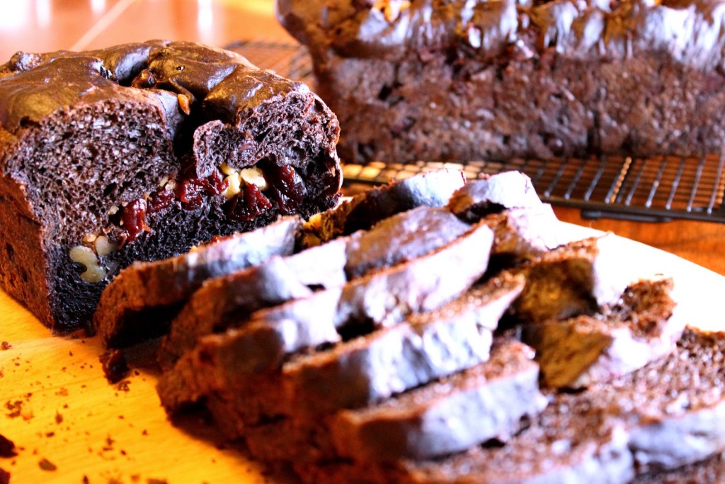 Chocolate Cherry Bread with Walnuts Sliced Chocolate cherry yeast bread on a wire rack