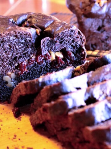 A closeup photo of the inside of a Chocolate Cherry Yeast Bread