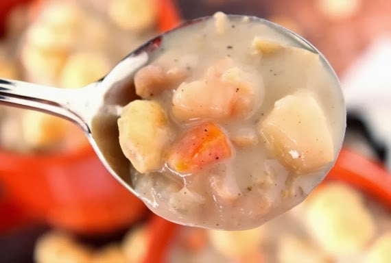 A spoon filled with Clam and Shrimp Chowder along with potatoes, carrots, and clams.
