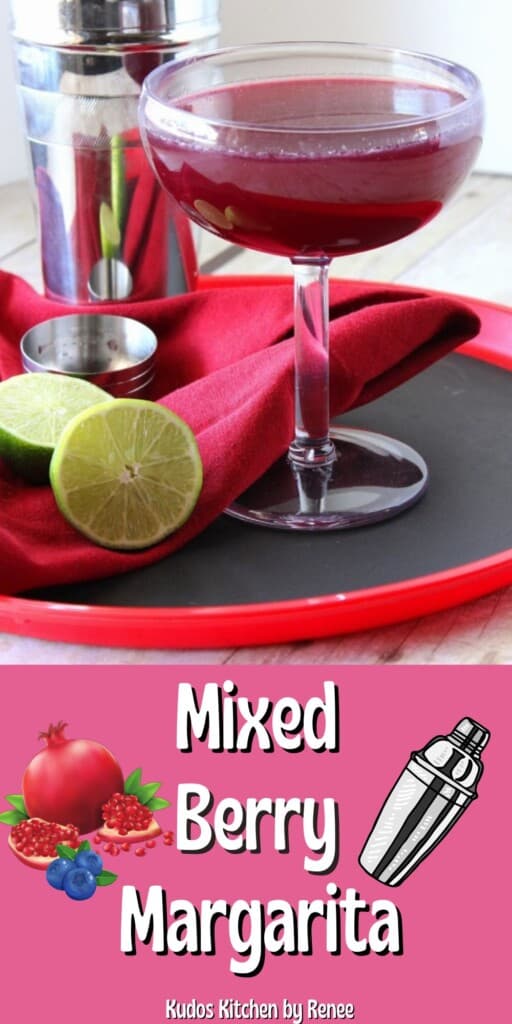 A Mixed Berry Margarita with a title text graphic and some cute images.