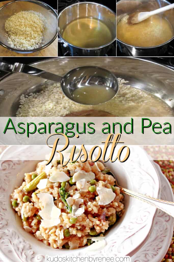 A vertical collage image along with a title text overlay graphic for how to make Asparagus and Pea Risotto.