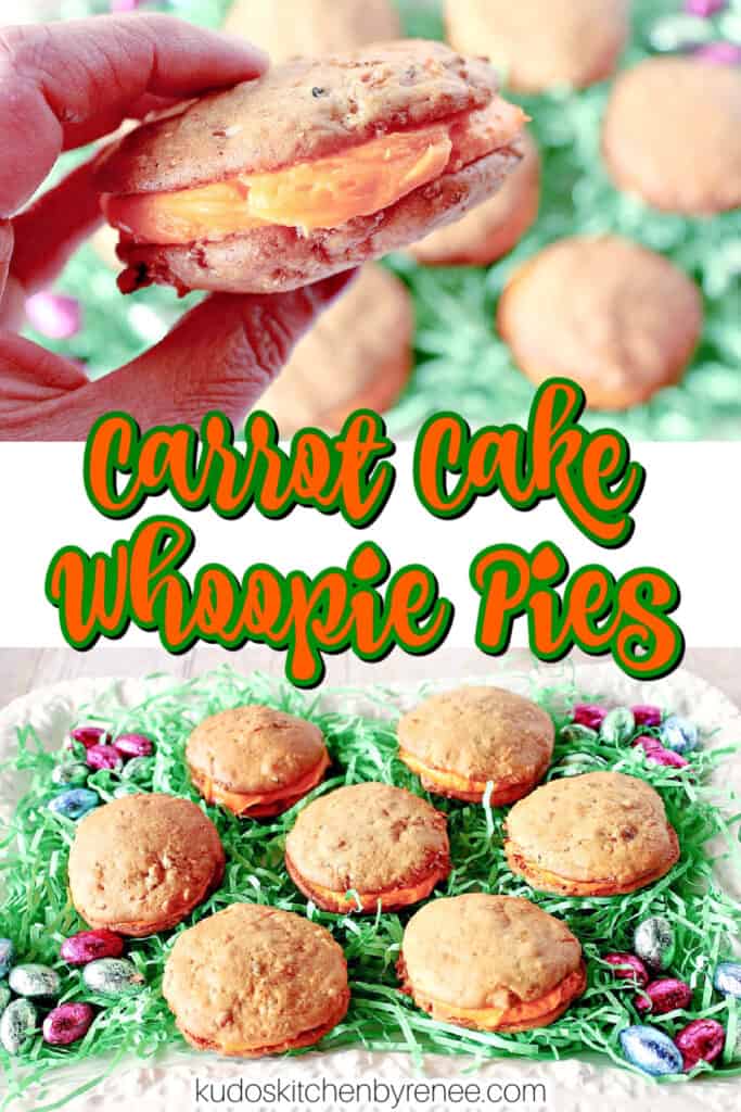 A two image vertical collage of Carrot Cake Whoopie Pies the top being a closeup and the bottom being a full tray of them with Easter grass.