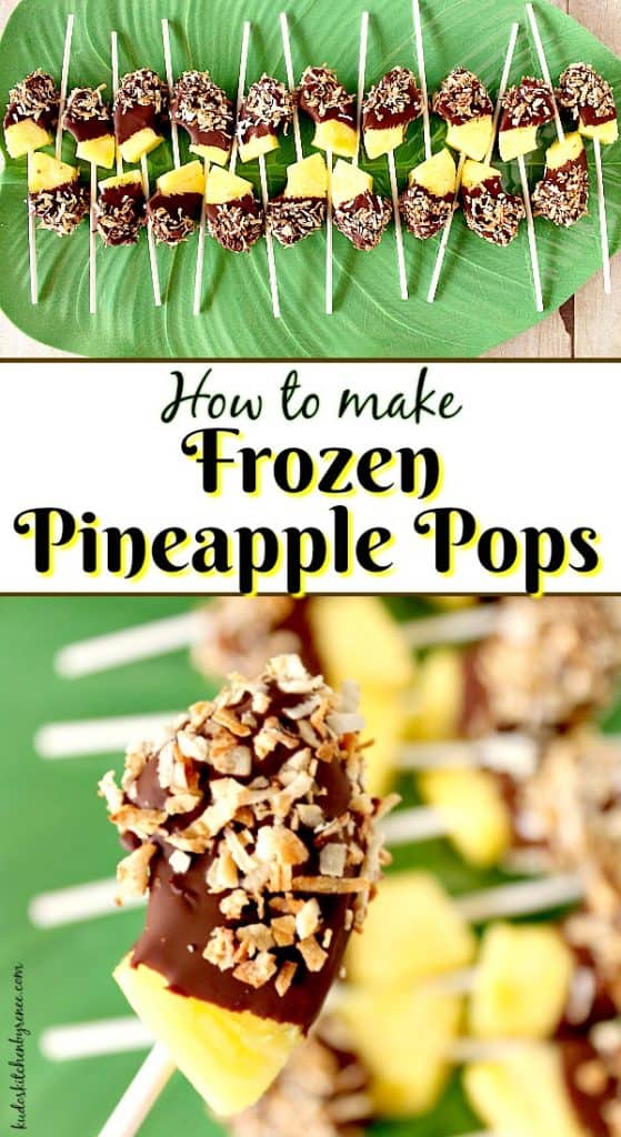 Vertical title text collage image of frozen pineapple pops on a green leaf platter.