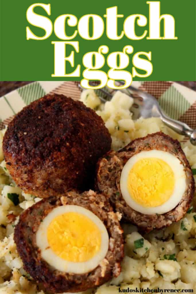 Vertical title text close up image of two scotch eggs on a plaid plate with one cut in half.