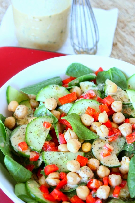 Spinach, Chickpea and Red Pepper Salad Recipe via Kudos Kitchen By Renee