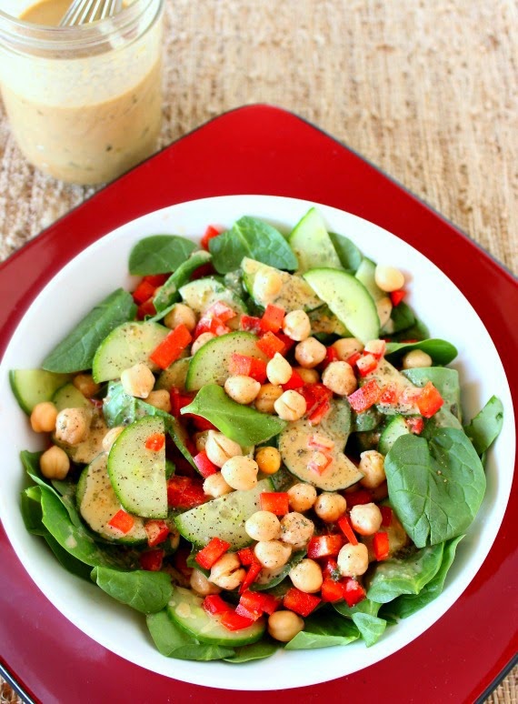 Spinach, Chickpea and Red Pepper Salad Recipe via Kudos Kitchen By Renee
