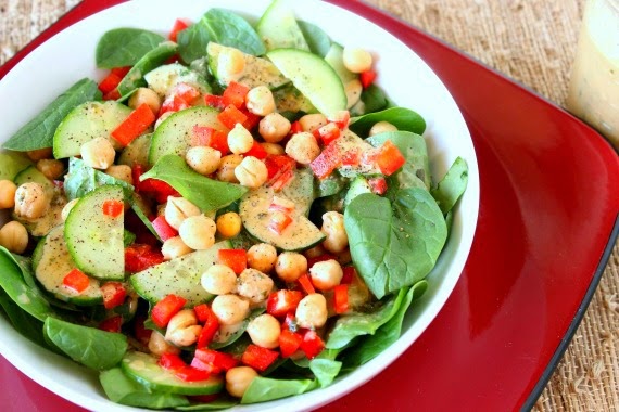 Spinach, Chickpea and Red Pepper Salad Recipe via Kudos Kitchen By Renee