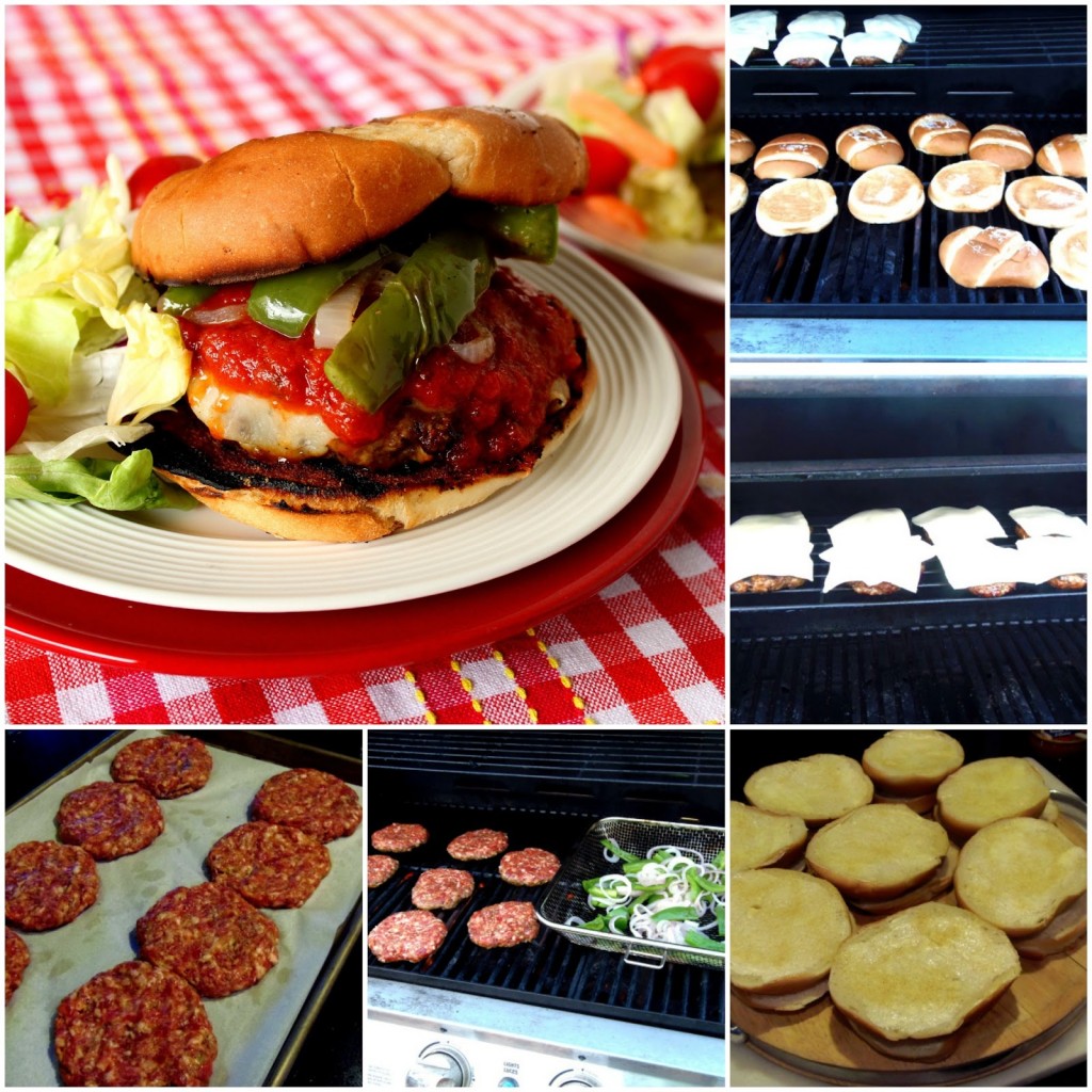 A photo collage of how to make Pizza burgers with italian sausage. 