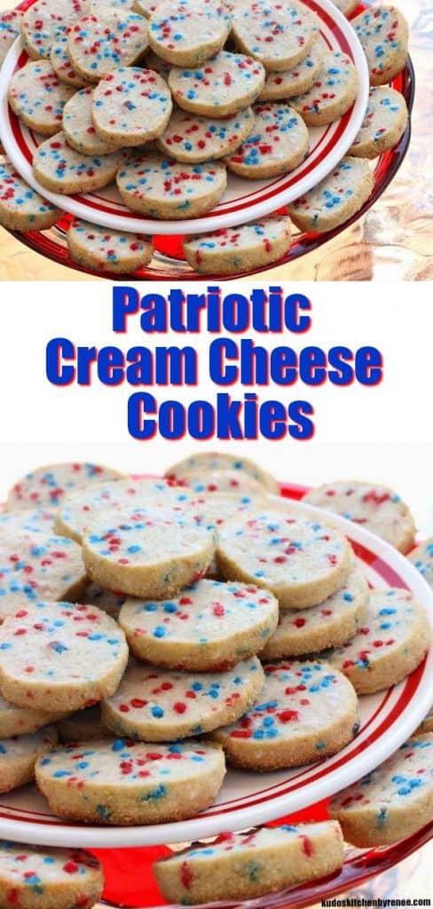 Vertical collage image of cream cheese cookies with red, white, and blue sprinkles with title text overlay graphic